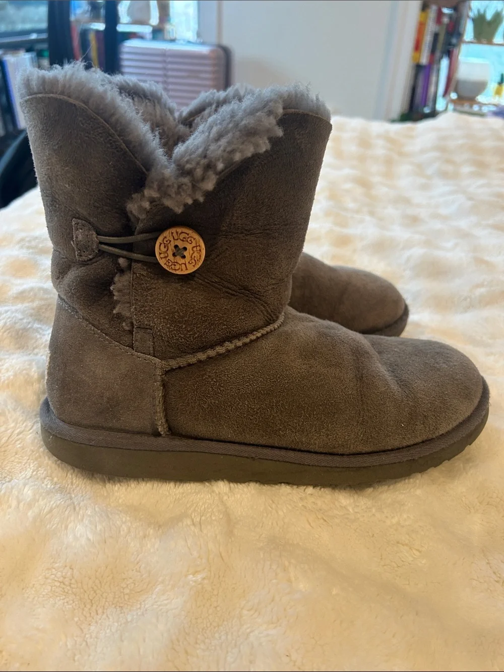 UGG Charcoal Suede Shearling Button Boot